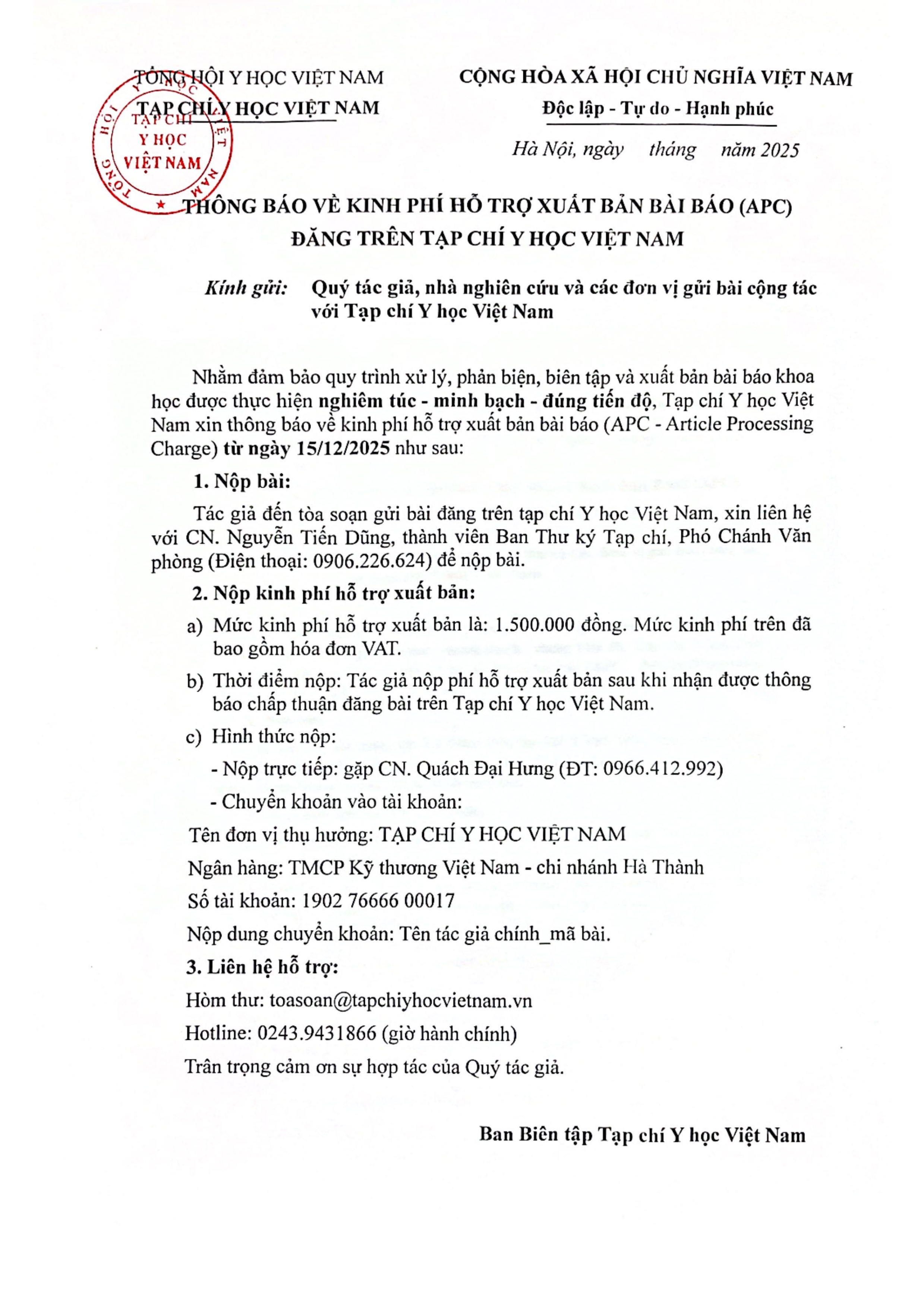 Th&ocirc;ng b&aacute;o về kinh ph&iacute; hỗ trợ xuất bản b&agrave;i b&aacute;o (APC) đăng tr&ecirc;n Tạp ch&iacute; Y học Việt Nam